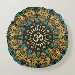 Türkises Stammes-Mandala-Om-Symbol-Rundkissen Rundes Kissen