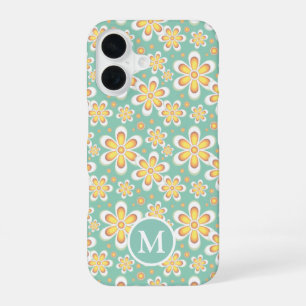 Türkises und gelbes Frühlingsblumenmuster Monogram iPhone 16 Hülle