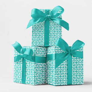 Türkises und weißes griechisches Schlüssel Muster Geschenkpapier Set