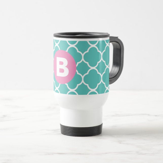 Türkises Vierblattmuster mit individuellem rosa Mo Reisebecher (VorderseiteRechts)