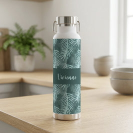 Türkises Wasserfarben-Tropenblatt-Monogramm-Name Trinkflasche