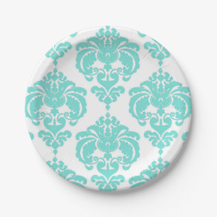 Türkisfarben Aqua & Weiß Damast Vintage Hochzeitsf Pappteller