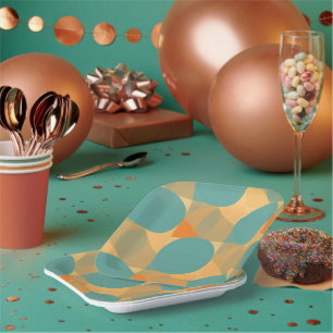 Türkisfarben, Beige und Orange im Retro-Look-Muste Pappteller