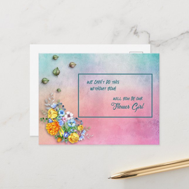 Türkisfarben bis rosafarbene Blume Ankündigungspostkarte (Vorderseite/Rückseite Beispiel)