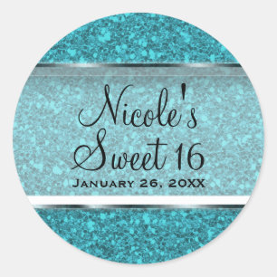 Türkisfarben Blau Glitter Glam Sweet 16 Individuel Runder Aufkleber