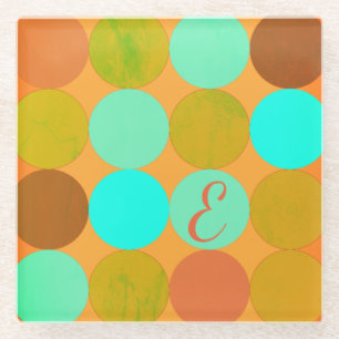 Türkisfarben Blau Grün und Orange Kreise Monogramm Glasuntersetzer
