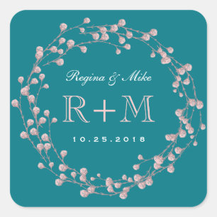Türkisfarben Blau Rosa Floraler Kranz Hochzeitsgun Quadratischer Aufkleber