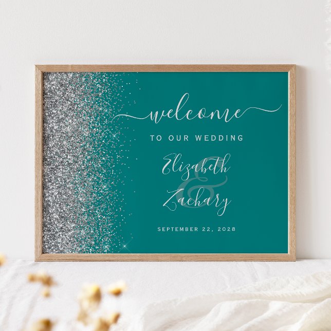 Türkisfarben Blau Silber Glitter Hochzeit Willkomm Poster (Von Creator hochgeladen)