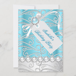 Türkisfarben Blau Weiße Perle Diamanten Geburtstag Einladung