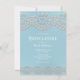Türkisfarben Blau Weiße Spitze Herz Quinceañera-Pa Einladung