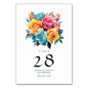 Türkisfarben, Gelb und Rosa Blumenhochzeit Tischnummer