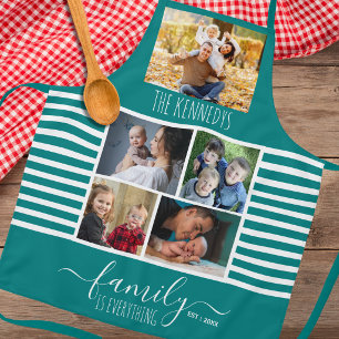 Türkisfarben Gestreift 5 Foto Collage Zitat Famili Schürze