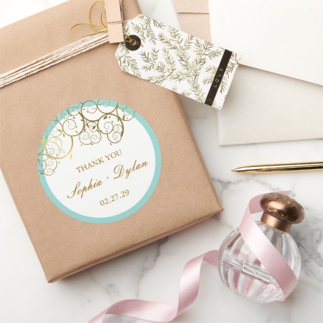 Türkisfarben & Goldene Spiralen Elegante Hochzeit Runder Aufkleber (Schenken)