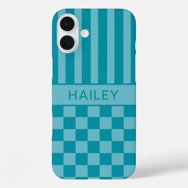 Türkisfarben kariert gestreift personalisiert Case-Mate iPhone hülle (Rückseite)