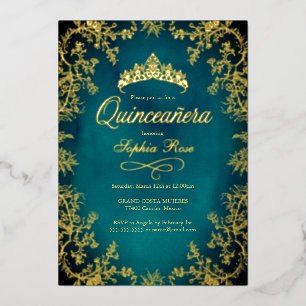 Türkisfarben Kronen Blumen Quinceanera Folieneinladung