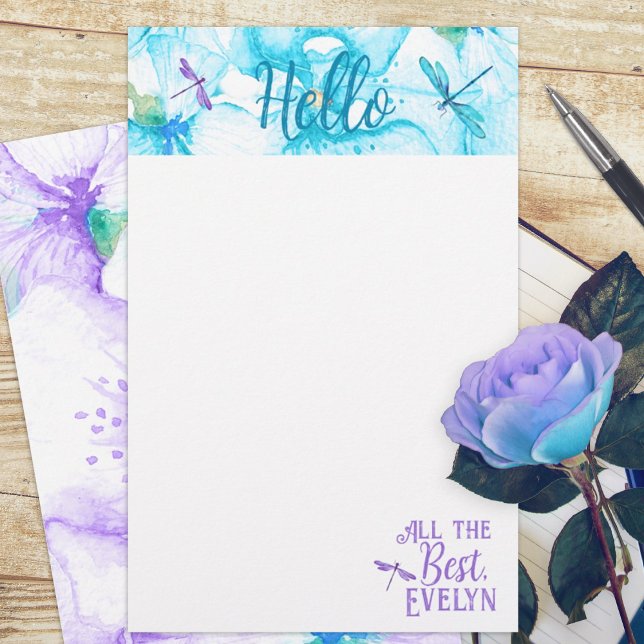 Türkisfarben, Lila Libellenbildnerin (turquoise aquamarine purple dragonflies floral budget personalized letter writing stationary paper )