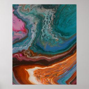 Türkisfarben Orange Abstraktes Fluid Art Druck Poster