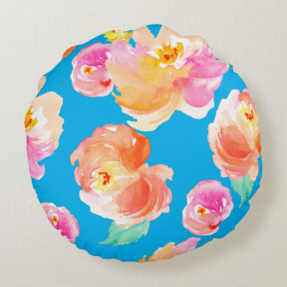 Türkisfarben Orange & Pink, rund gezogenes, floral Rundes Kissen