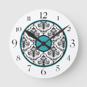 Türkisfarben Schwarz-Weiß Damask Elegante Runduh Runde Wanduhr