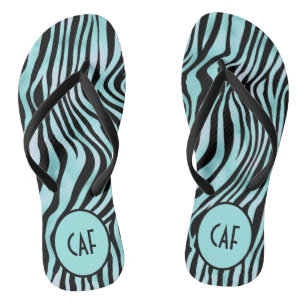 Türkisfarben Schwarz Zebra Tierdruck Monogramm Flip Flops