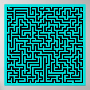 Türkisfarben-schwarze Labyrinthlinien Poster