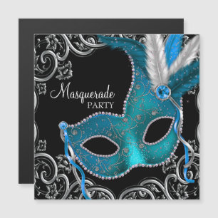 Türkisfarben-schwarze Maskenball-Party Magneteinladung
