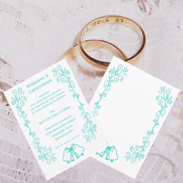 Türkisfarben-Skulptur-Hochzeit Einladung (Turquoise wedding invitation bells scrollwork design)