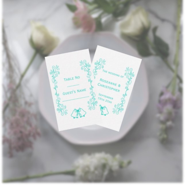 Türkisfarben-Skulptur-Hochzeit Platzkarte (Turquoise wedding place setting card bells and scrollwork design)