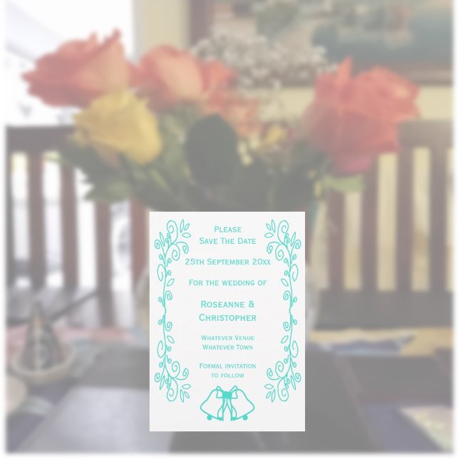 Türkisfarben-Skulptur-Hochzeit Save The Date (Turquoise wedding save the date card bells and scrollwork design)