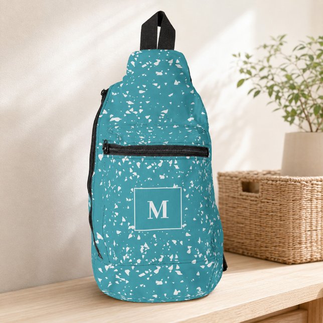 Türkisfarben Terrazzo Custom Monogram Crossbody Bag (Turquoise Terrazzo Custom Monogram Sling Bag)