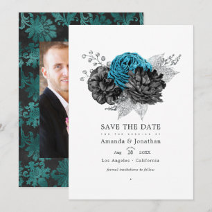 Türkisfarben - Türkis Schwarze und Silberne Floral Save The Date