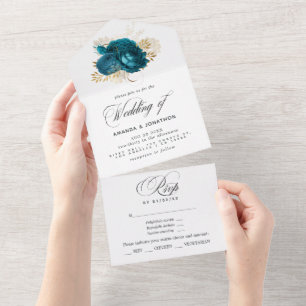 Türkisfarben - Türkis und Gold Blumen Hochzeit All In One Einladung