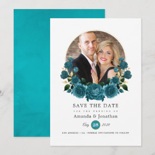 Türkisfarben - Türkisblaue und goldene florale Hoc Save The Date