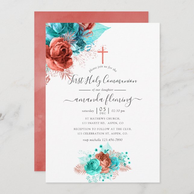 Türkisfarben und Korallengewässer Blumenkolonie He Einladung (Vorne/Hinten)