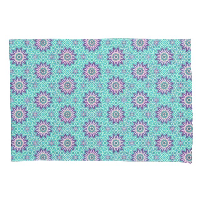 Türkisfarben und Lila BlumenMandala und Sterne Kissenbezug (Vorderseite)