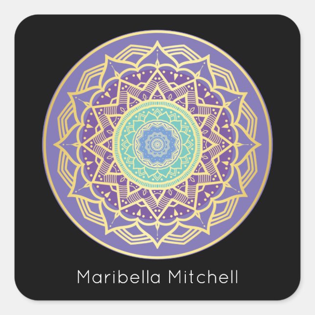 Türkisfarben und Lila Gold Mandala Square S Quadratischer Aufkleber (Vorderseite)