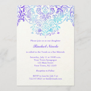 Türkisfarben und Lila Wasserfarbe Damask Bat Mitzv Einladung