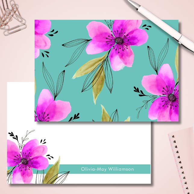 Türkisfarben und rosa Wasserfarbe Personalisiert Mitteilungskarte (Pink and turquoise teal notecards with floral watercolour illustration and customizable name)