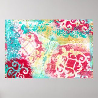 Türkisfarben und Scarlet Mixed Media Painting mit  Poster