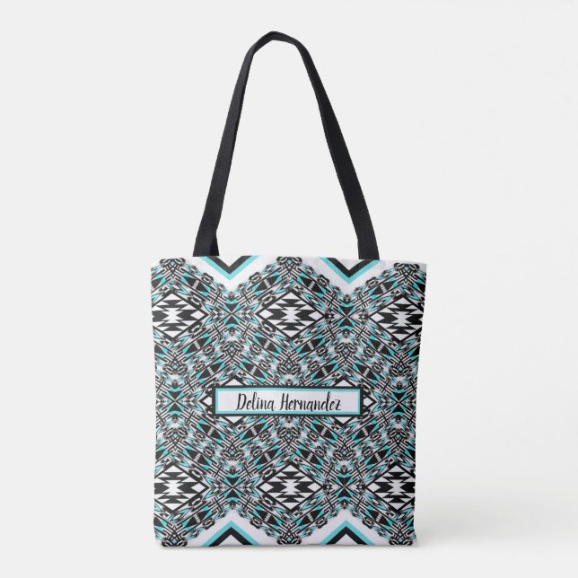 Türkisfarben- und schwarze Stammes-Tapeten-Tasche (Rückseite)