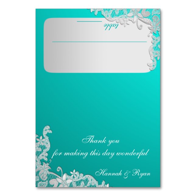 Türkisfarben und silberfarbene Fassadengestaltung Tischnummer (Vorderseite)