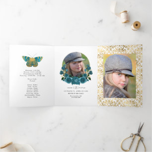 Türkisfarben und Vintage Goldflora Quinceñera Dreifach Gefaltete Einladung