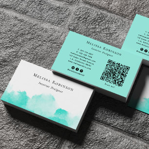 Türkisfarben & Weiß Abstraktes Chic Wasserfarbe QR Visitenkarte