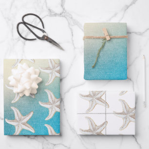Türkisfarben Weiß Aqua Blau Strand Weiß Seestern Geschenkpapier Set
