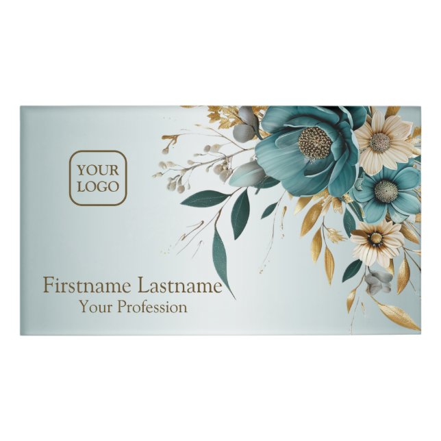 Türkisfarben Weiße Blume Goldene Blätter Elegant Namenschild (Vorderseite)