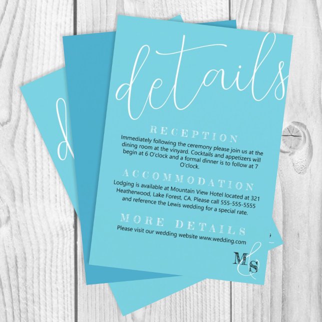 Türkisfarben, White Script-Hochzeitdetails Begleitkarte (elegant simple cyan turquoise wedding details enclosure card, calligraphy script)