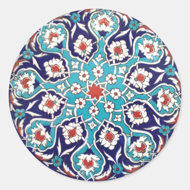 Türkisfarbene antike Blumenmosaike Tile Runder Aufkleber (Vorderseite)