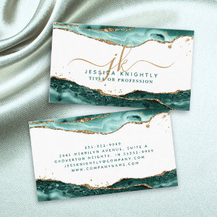 Türkisfarbene Aquamarine Agate Script Monogram Gol Visitenkarte