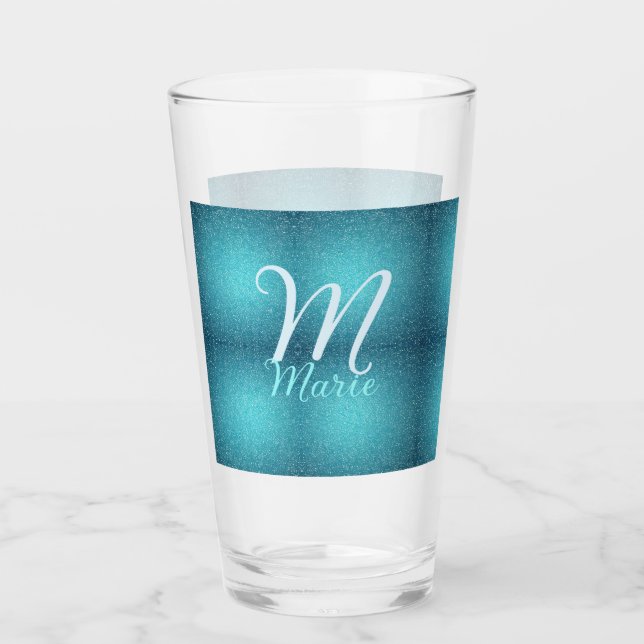 Türkisfarbene aquamarine Aqua-Monogramm Zusatz von Glas (Vorderseite)