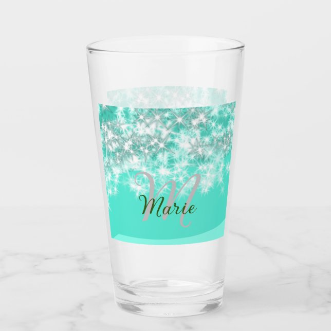 Türkisfarbene aquamarine Aqua-Monogramm Zusatz von Glas (Vorderseite)